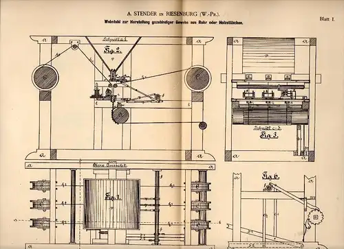 Original Patentschrift - A. Stender in Riesenburg / Prabuty in Westpr., 1887 , Webstuhl für Gewebe , Weberei , Preussen