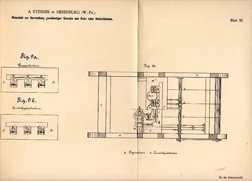 Original Patentschrift - A. Stender in Riesenburg / Prabuty in Westpr., 1887 , Webstuhl für Gewebe , Weberei , Preussen