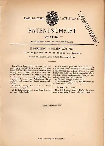 Original Patentschrift -  E. Herzberg in Bleyen b. Cüstrin , 1885 , Cuestrin , Egge , Landwirtschaft , Genschmar
