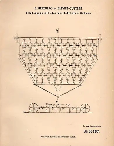 Original Patentschrift -  E. Herzberg in Bleyen b. Cüstrin , 1885 , Cuestrin , Egge , Landwirtschaft , Genschmar