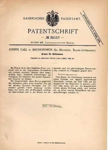 Original Patentschrift - J. Gall dans Bischoffsheim à Molsheim , 1885 , Buse d'arrosage , agriculture , Bischofsheim !!