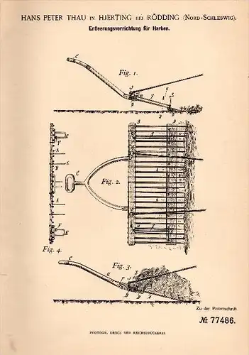 Original Patentschrift - H.P Thau in Hjerting b. Rödding , 1893 , Entleerer für Harken , Agrar , Rødding Kommune !!!