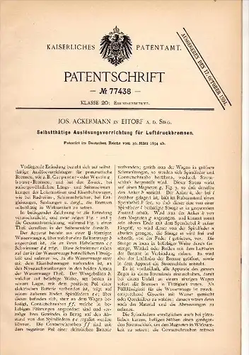 Original Patentschrift - Jos. Ackermann in Eitorf a.d. Sieg , 1894 , Auslöser für Luftdruckbremse , Eisenbahn , Lok !!!
