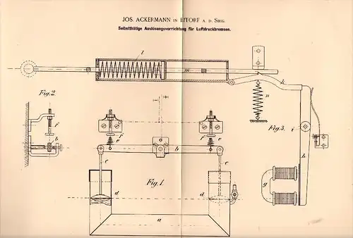 Original Patentschrift - Jos. Ackermann in Eitorf a.d. Sieg , 1894 , Auslöser für Luftdruckbremse , Eisenbahn , Lok !!!