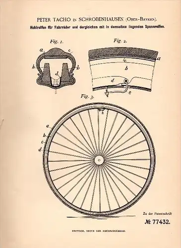 Original Patentschrift - Peter Tacho in Schrobenhausen , 1894 , Hohlreifen für Fahrräder , Fahrrad , Reifen , Bayern !!!