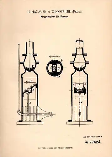 Original Patentschrift - H. Hanauer in Winnweiler , Pfalz , 1893 , Kolben für Pumpen , Pumpe !!!