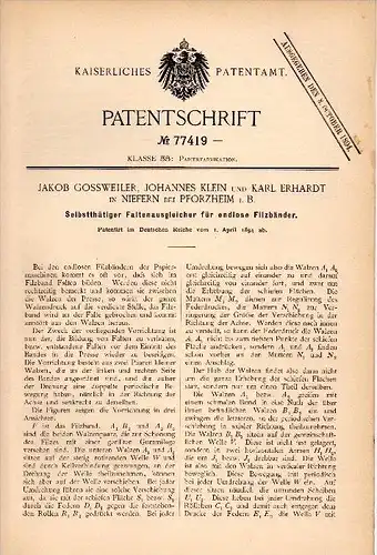 Original Patentschrift -J. Gossweiler und K. Erhardt in Niefern - Öschelbronn , 1894 , Apparat für Papier , Pforzheim !!