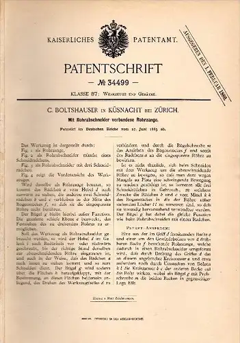 Original Patentschrift - C. Boltshauser in Küsnacht b. Zürich , 1885 , Rohrzange mit Abschneider , Werkzeug , Klempner