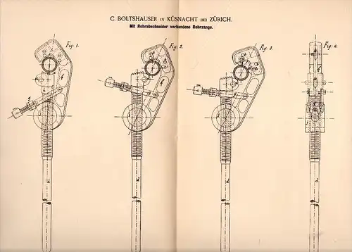 Original Patentschrift - C. Boltshauser in Küsnacht b. Zürich , 1885 , Rohrzange mit Abschneider , Werkzeug , Klempner