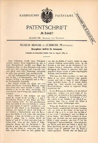Original Patentschrift - Feodor Mencke in Lübbecke i. Westf., 1885 , Auftritt für Fahrrad , Hochrad , bicycle !!!
