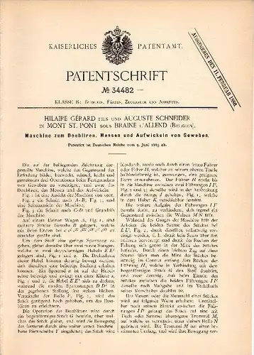 Original Patentschrift - H. Gérard und A. Schneider in Mont St. Pont sous Braine l’Alleud , 1885 , Maschine für Gewebe !