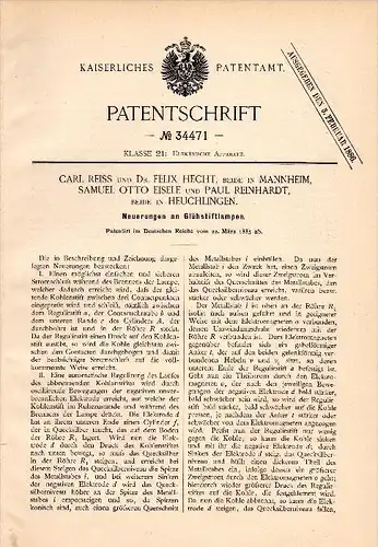 Original Patentschrift - Otto Eisele und P. Reinhardt in Heuchlingen , 1885 , Glühlampe , Lampe , C. Reiss und F. Hecht