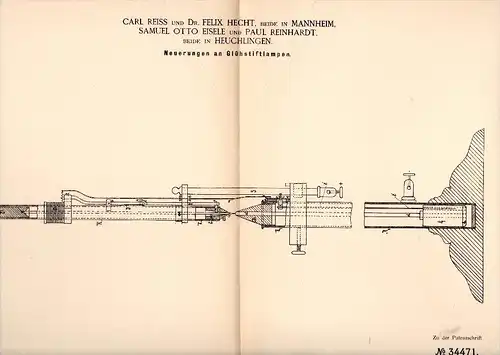 Original Patentschrift - Otto Eisele und P. Reinhardt in Heuchlingen , 1885 , Glühlampe , Lampe , C. Reiss und F. Hecht