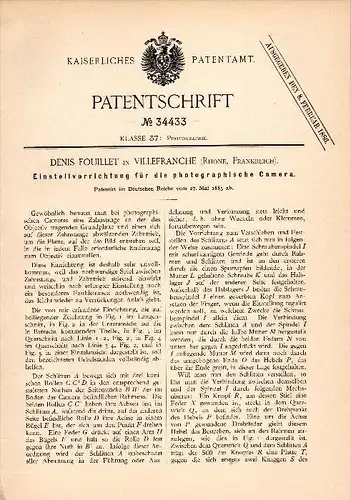 Original Patentschrift -Denis Fouillet dans Villefranche sur Saône ,1885,Ajusteur pour appareil photographique , photo !