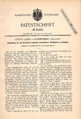 Original Patentschrift - Gustav Leder in Schmiedeberg / Kowary , 1885, Apparat gegen Zerbrechen von Fenstern , Schlesien