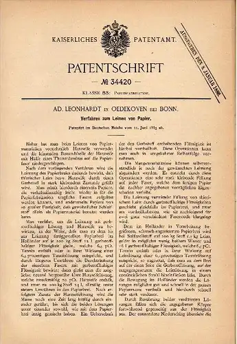 Original Patentschrift - A. Leonhardt in Oedekoven / Alfter , 1885 , Leimen von Papier , Bonn !!!