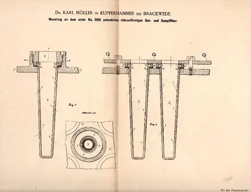 Original Patentschrift - Dr. Karl Möller in Kupferhammer b. Brackwede , 1885 , Gas- und Dampffilter , Bielefeld !!!