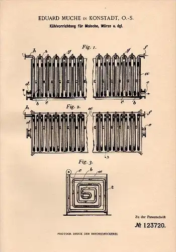 Original Patentschrift - Eduard Muche in Konstadt / Wolczyn ,1901, Kühler für Maische , Brauerei , Alkohol Oberschl