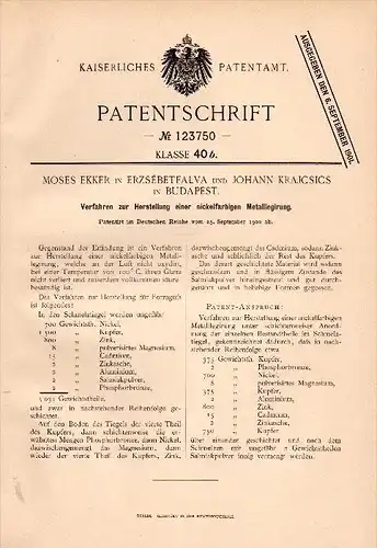 Original Patentschrift - Moses Ekker in Erzsébetfalva , 1900 , nickelfarbigen Metalllegierung J. Krajcsics in Budapest