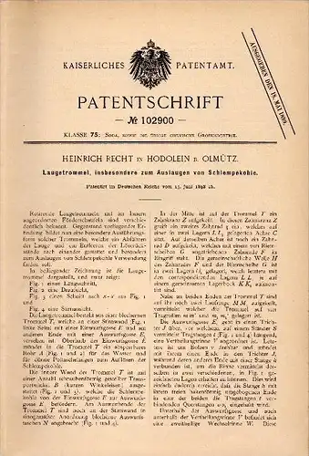 Original Patentschrift -  Heinrich Recht in Hodolein b. Olmütz , 1898 , Laugetrommel , Soda , Hodolany b. Olomouc !!!