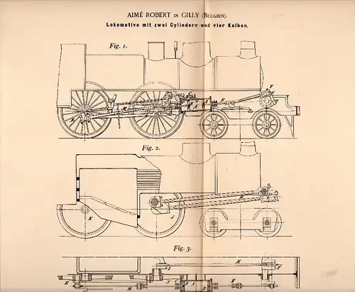 Original Patentschrift - Almé Robert in Gilly / Charleroi , 1897 ,  Lokomotive mit zwei Cylindern und vier Kolben , Lok