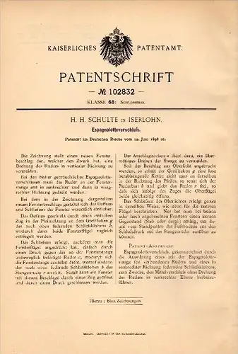 Original Patentschrift - H.H. Schulte in Iserlohn , 1898, Espagnolette - Verschluß , Schlosserei , Türen- und Fensterbau