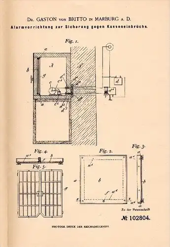 Original Patentschrift - Dr. Gaston von Britto in Marburg a.D. , 1898 , Alarmapparat gegen Einruch , Sparkasse , Tresor