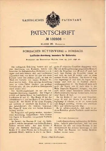 Original Patentschrift - Hüttenwerk in Rombach / Rombas , 1898 , Laufkran - Anordnung für Gießerei , Kran !!!