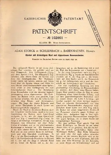 Original Patentschrift - Adam Storck in Schlierbach b. Babenhausen , 1897 , Klavier rippenlosem Resonanzboden !!!