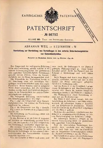 Original Patentschrift -A. Weil in Steinheim i.W. ,1894 , Apparat für Cementdachplatten , Dach , Dachdecker , Dachziegel