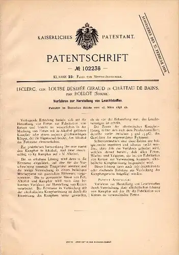 Original Patentschrift - Leclerc ,L. D. Giraud dans Chateau de Bains par Rollot , Somme ,1898, Production de fluorescent