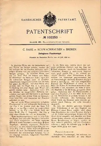 Original Patentschrift - C. Rahe in Schwachhausen b. Bremen , 1898 , zerlegbares Flaschenregal , Regal , Lagerung , Wein