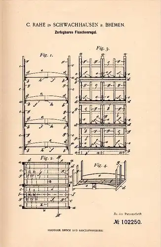 Original Patentschrift - C. Rahe in Schwachhausen b. Bremen , 1898 , zerlegbares Flaschenregal , Regal , Lagerung , Wein