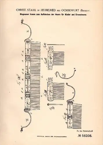 Original Patentschrift - Ch. Stahl in Zeubelried bei Ochsenfurt , 1890 , Kamm zum Aufstecken der Haare , Friseur !!!