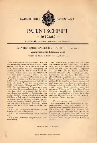 Original Patentschrift - Ch. E. Calloch dans La Flèche , 1897, Direction assistée pour véhicules à moteur , automobile !