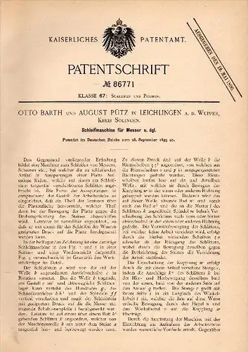 Original Patentschrift - Otto Barth und A. Pütz in Leichlingen a.d. Wupper , 1895, Schleifmaschine für Messer , Solingen