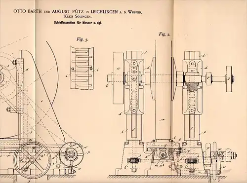 Original Patentschrift - Otto Barth und A. Pütz in Leichlingen a.d. Wupper , 1895, Schleifmaschine für Messer , Solingen