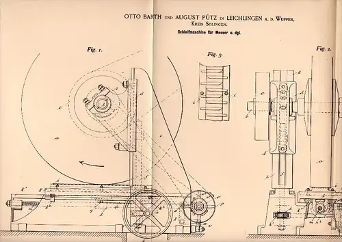 Original Patentschrift - Otto Barth und A. Pütz in Leichlingen a.d. Wupper , 1895, Schleifmaschine für Messer , Solingen