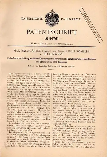 Original Patentschrift - Max Baumgärtel in Firma J. Römpler in Zeulenroda ,1895, Apparat für Strickmaschine , Strickerei