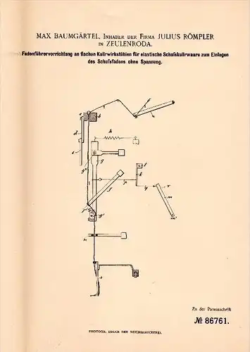 Original Patentschrift - Max Baumgärtel in Firma J. Römpler in Zeulenroda ,1895, Apparat für Strickmaschine , Strickerei