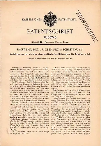 Original Patentschrift - Ernst Emil Pilz in Schlettau i. Sachsen , 1894 , wetterfester Überzug für Gemälde , Malerei !!