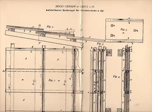 Original Patentschrift - Hugo Gienapp in Gartz a. Oder , 1895 , Dachziegel für Trockenraum , Dachdecker , Hochbau , Bau