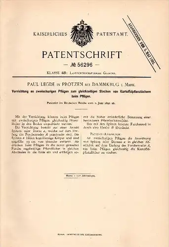 Original Patentschrift - Paul Legde in Protzen / Fehrbellin , 1890 , zweischariger Pflug , Landwirtschaft , Agrar !!!