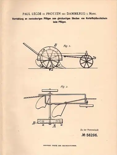Original Patentschrift - Paul Legde in Protzen / Fehrbellin , 1890 , zweischariger Pflug , Landwirtschaft , Agrar !!!