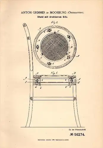 Original Patentschrift - Anton Grimmer in Moosburg , Oberbayern , 1890 , Stuhl mit drehbarem Sitz , Drehstuhl , Möbel !!