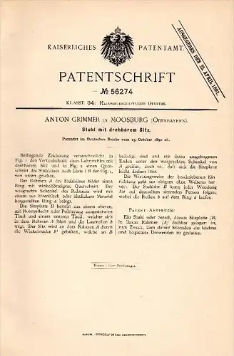 Original Patentschrift - Anton Grimmer in Moosburg , Oberbayern , 1890 , Stuhl mit drehbarem Sitz , Drehstuhl , Möbel !!