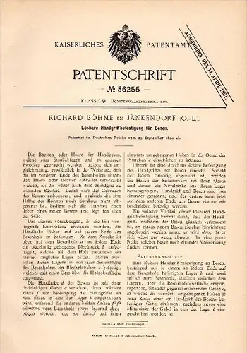 Original Patentschrift - Richard Böhme in Jänkendorf b. Görlitz , 1890 , Handgriff für Besen , Waldhufen !!!