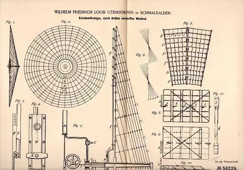 Original Patentschrift -W.F. Louis Untendörffer in Schmalkalden ,1890, scheibenförmiges Windrad , Windpark , Windenergie