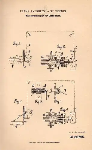 Original Patentschrift - Franz Averbeck in St. Tönis / Tönisvorst , 1895 , Wasserstandsregler für Dampfkessel , Viersen