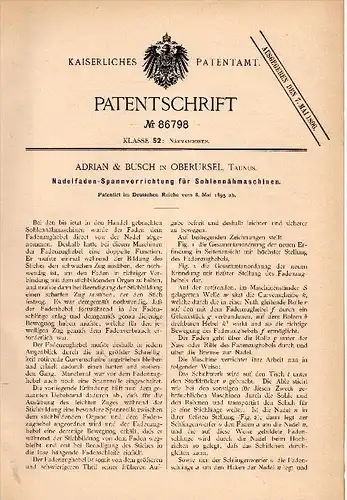 Original Patentschrift - Adrian & Busch in Oberursel , Taunus , 1895 , Sohlen - Nähmaschine , Schuster , Schuhmacher !!!